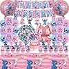 Stitch Party Supplies, 101PCS Birthday Decorations Set Include Banner, Balloons, Stickers, Hanging Swirls, Cake Cupcake Toppers, Tablecloth for Girls Pink Stitch Theme Party