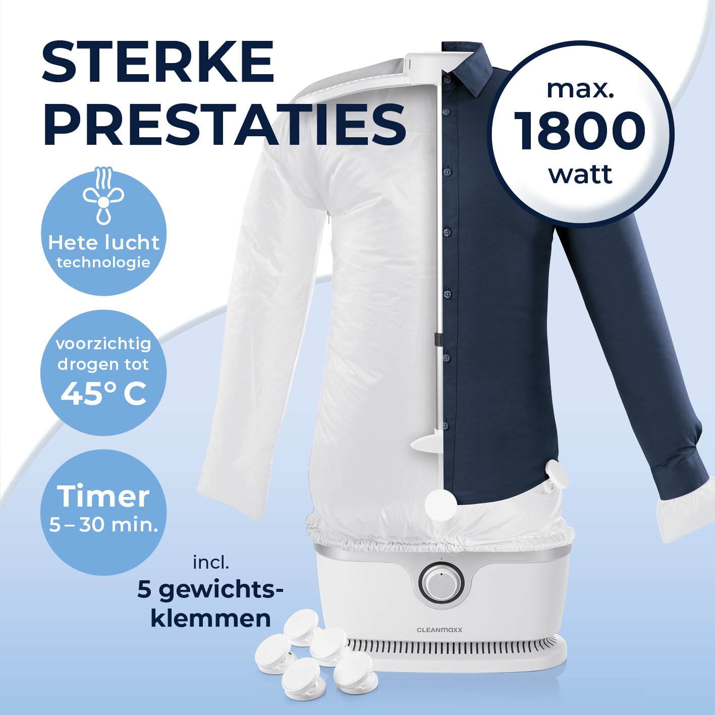 CLEANmaxx Automatische overhemdenstrijkijzer, strijken voor overhemden, blouses en broeken, zachter dan wasdroger en strijkijzer, drogen en kreukvrij in enkele minuten, wit