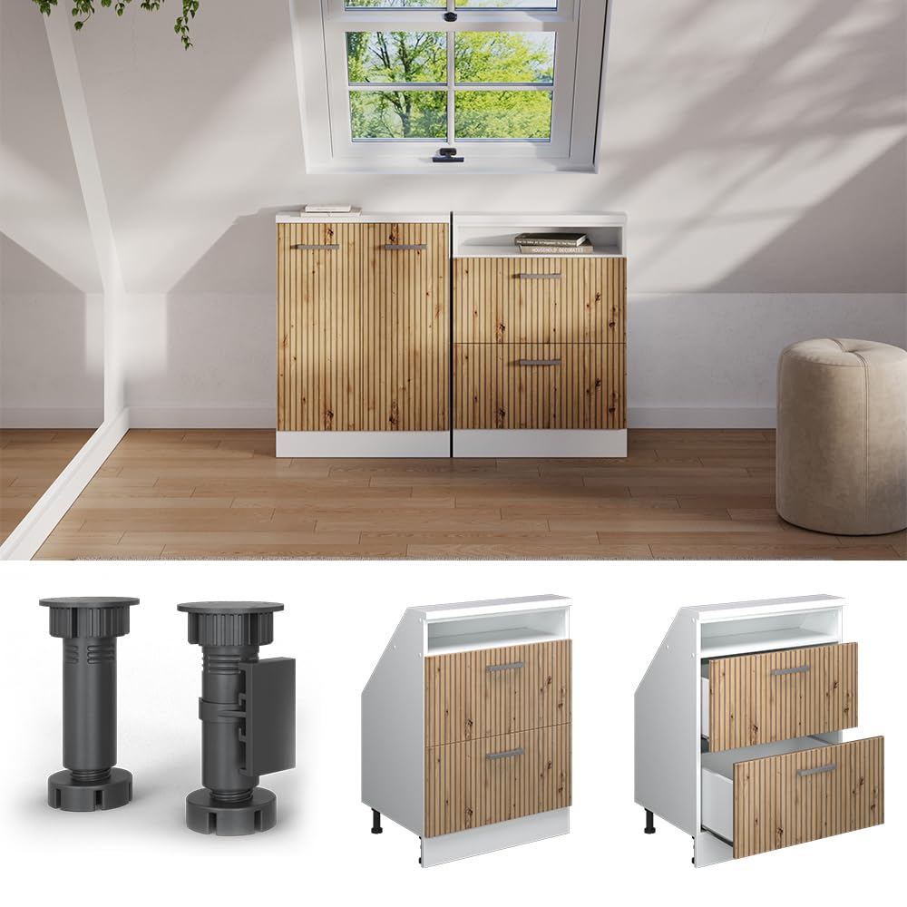 Vicco Meuble de Rangement sous Pente Rion, Chêne Artisan/Blanc | L60 x P46 cm , avec 2 tiroirs, gain de place pour les pièces mansardées