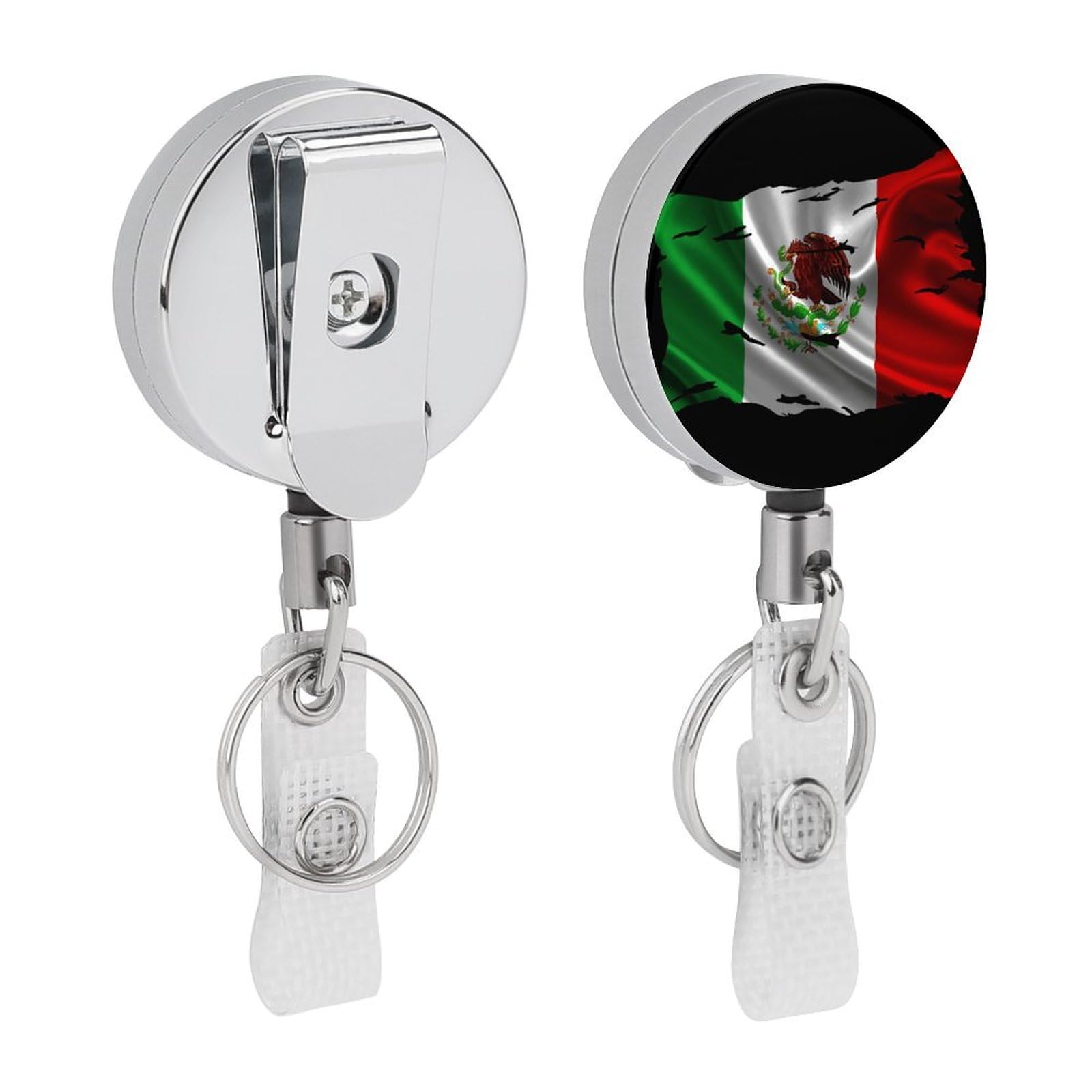 Torn Broken Mexico Michoacan Mexican Flag Heavy Duty Retractable Badge Holder Reel,Metal Keychain Reels with Belt Clip Reinforced Steel Cord for Key