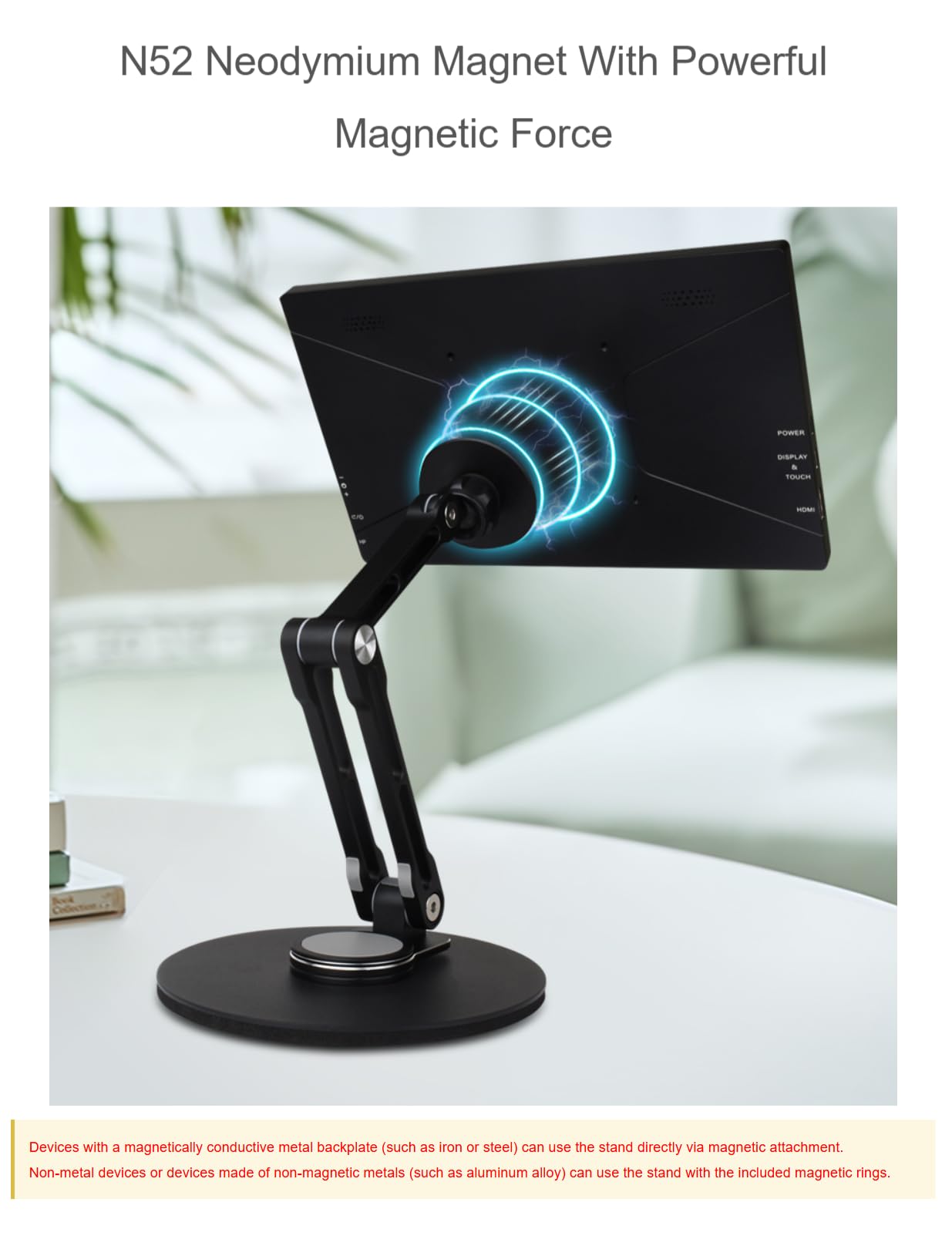 TUOPUONE Supporto regolabile per monitor portatile magnetico N52 al neodimio, compatibile con monitor da 4 ~ 18,5 pollici, supporta la rotazione multiasse, viene fornito con anelli magnetici in