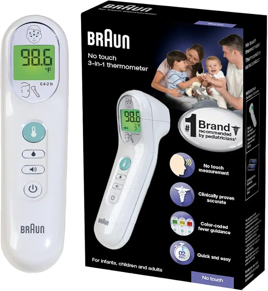 Braun No Touch 3-in-1 Thermometer for Adults, Kids &amp; Babies, Measures Forehead, Liquid and Food Temps, Professional Accuracy &amp; Color Coded Fever Guidance