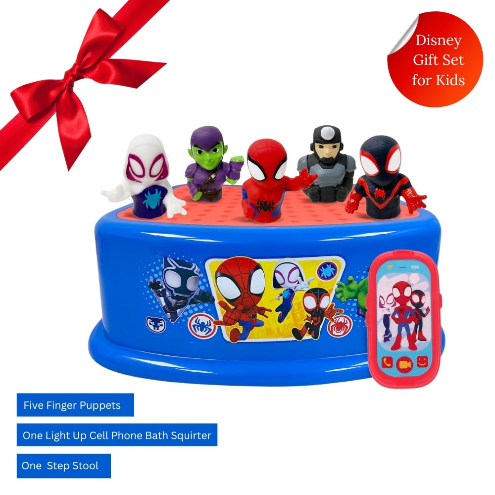 Spidey and His Amazing Friends - Set divertente per il bagnetto, marionette da dito da bagno, squirter illuminato, sgabello