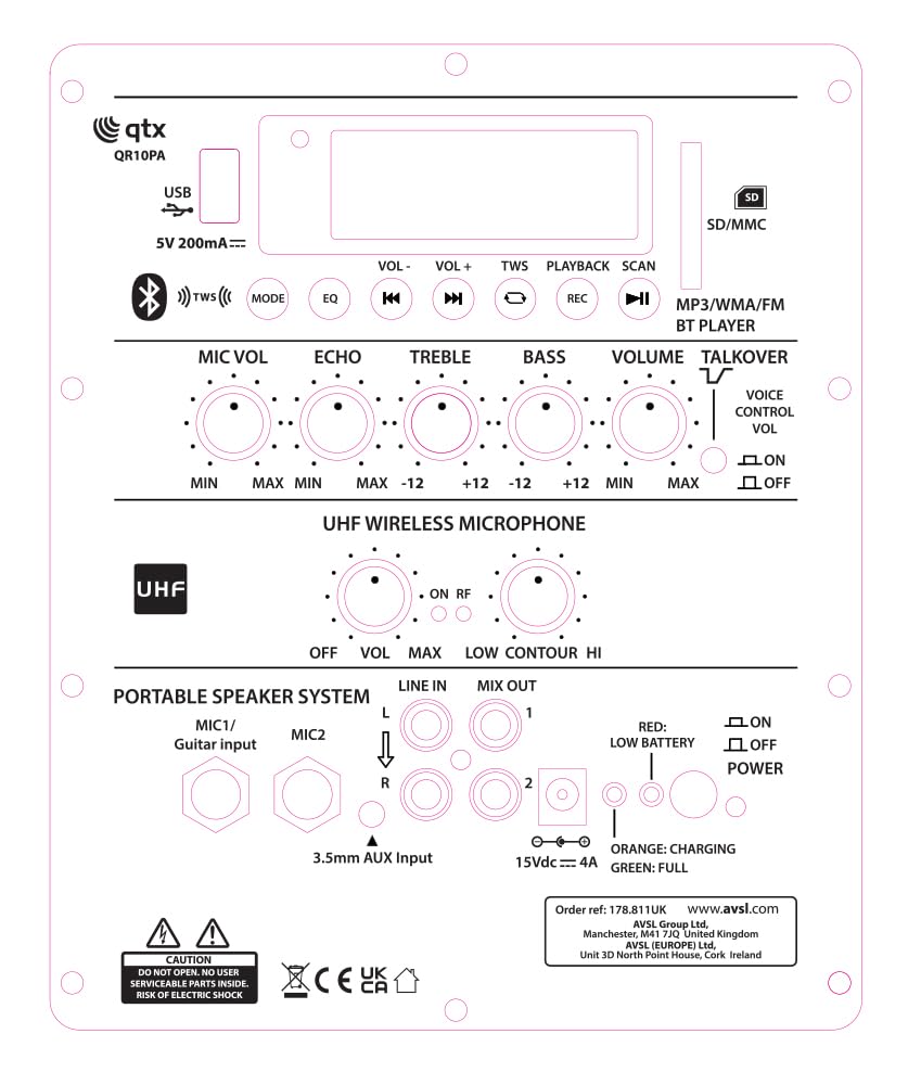 QTX | QR10PA Tragbares PA-Lautsprechersystem mit Bluetooth, TWS-Stereo, UHF-Funkmikrofon, USB/SD/FM-Media-Player, wiederaufladbarer Akku, Trolley, kompakter kabelloser Verstärker