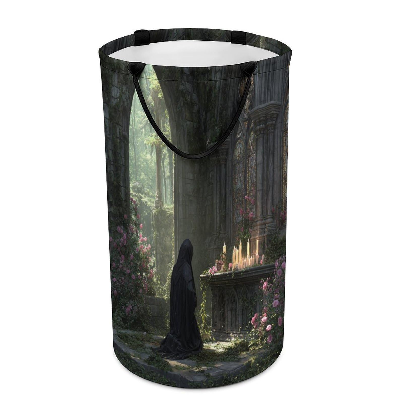 LUYYSKY Vintage Elegant Castle Arch Versatile Storage Laundry Basket, Retro Oil Painting Spring Sunshine Arch Plant Roses Flowers Large Bathroom Laundry Hamper With Handle-40 CM Dia, 69 CM High