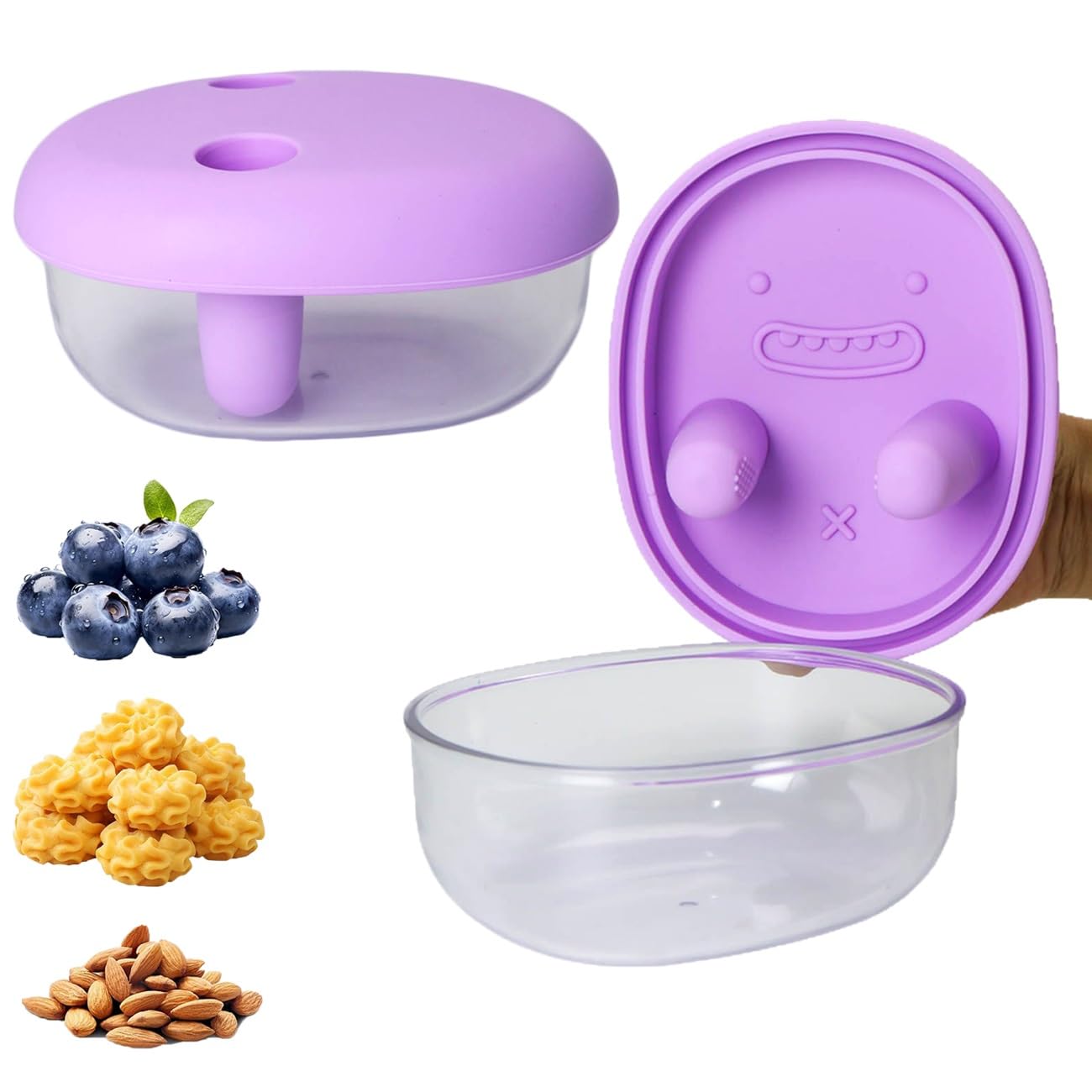 Meklitrz 2Pcs 2-In-1 No-Mess Snack Containe With Fingertip Covers, Portable Food Storage Boxs, Reusable Silicone Box, Snack-Anywhere, Leak-Proof Snack-Box, For Travel Office School(,Purple)