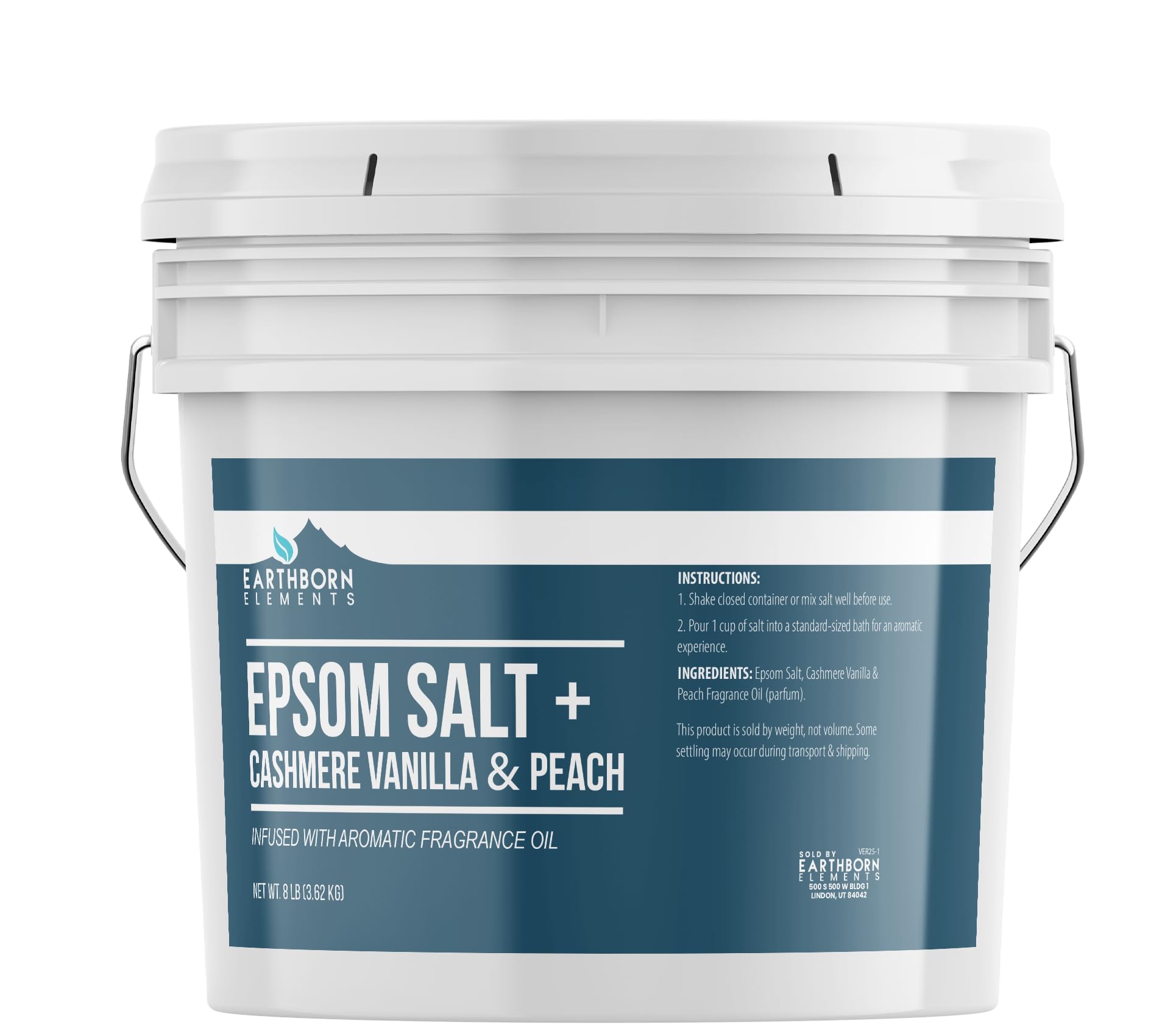 Earthborn Elements Cashmere Vanilla & Peach Epsom Salt 8 lb, One Gallon Bucket, Pure & Undiluted, Soaking Salt with Fragrance