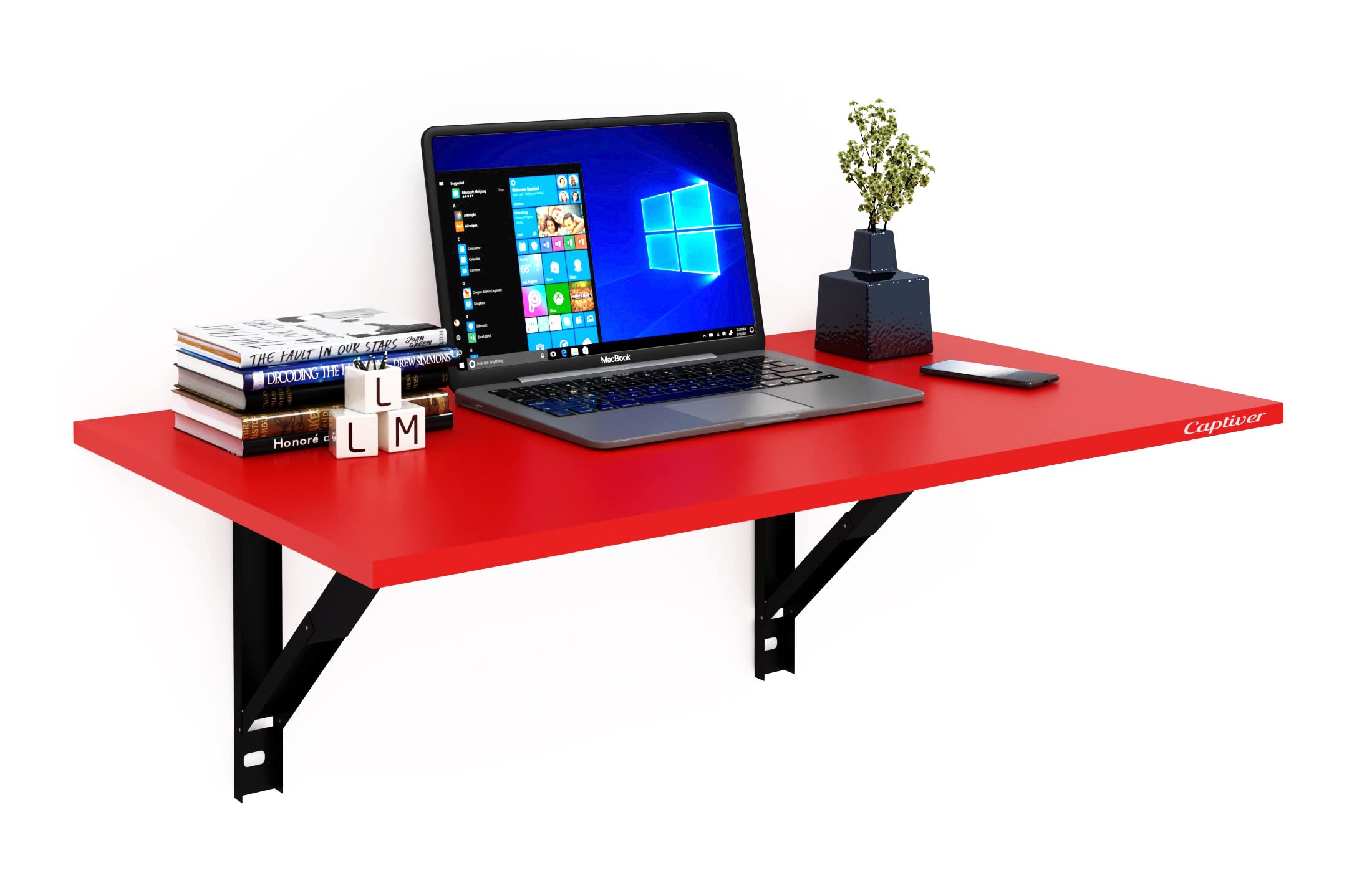 Captiver Elara Engineered Wood Wall Mounted Multipurpose Foldable Study Table, Matte Red Office Living Room Kitchen Storage Platform Big Printer Furniture Wooden Board Items 1