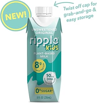 Ripple Kids Unsweetened Plant Based Milk | Pediatrician Recommended | 8g Pea Protein | Shelf Stable | Vegan & Non GMO Certififed | Dairy, Soy, Nut, Gluten, and Lactose Free | 8 Fl Oz (Pack of 12)