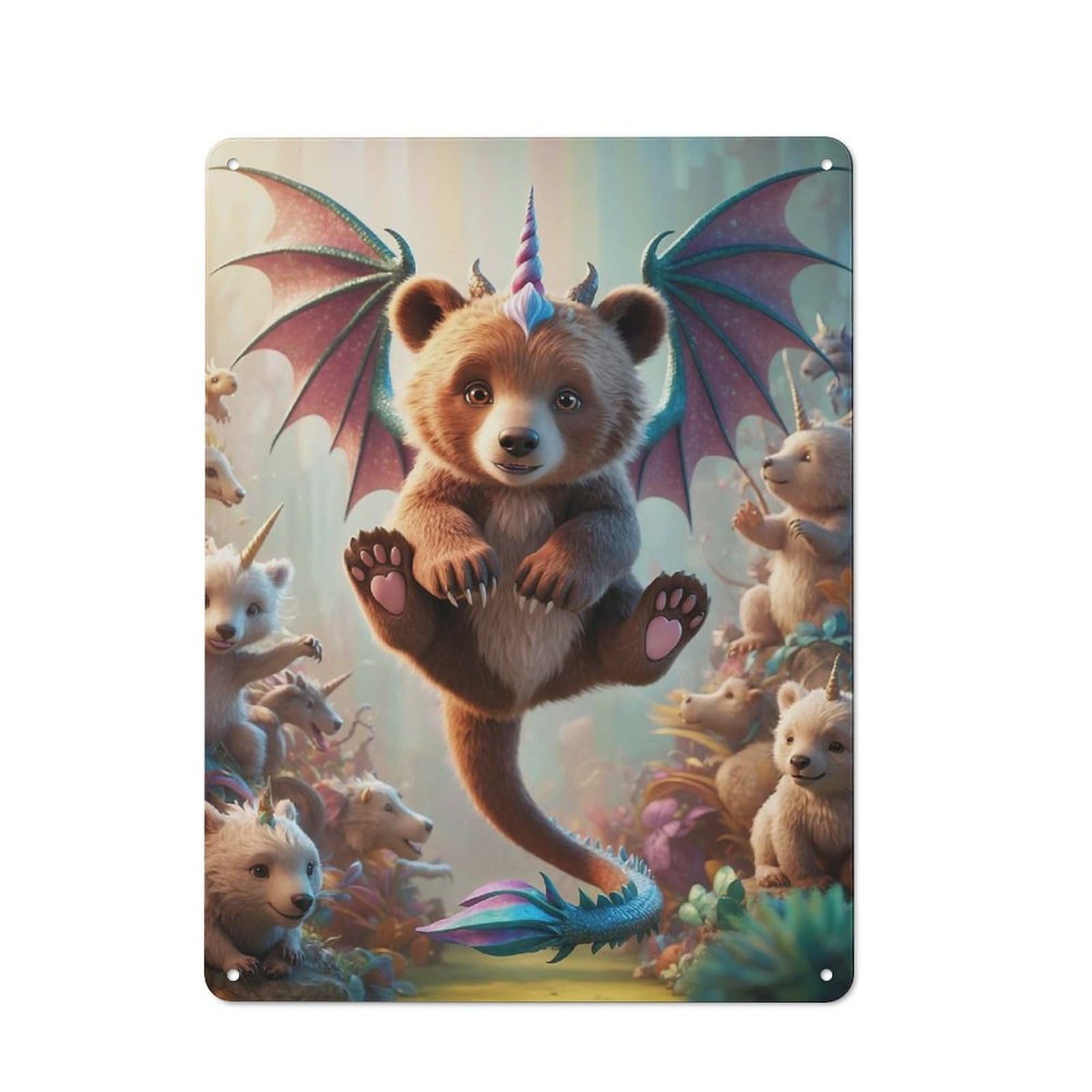 Junmoney Hybrid Unicorn Bear Cub With Dragon Wings Vintage Tin Sign 40X30cm With For Hallway Wall, Suited To New Home Decorators, For Retro Home Interiors
