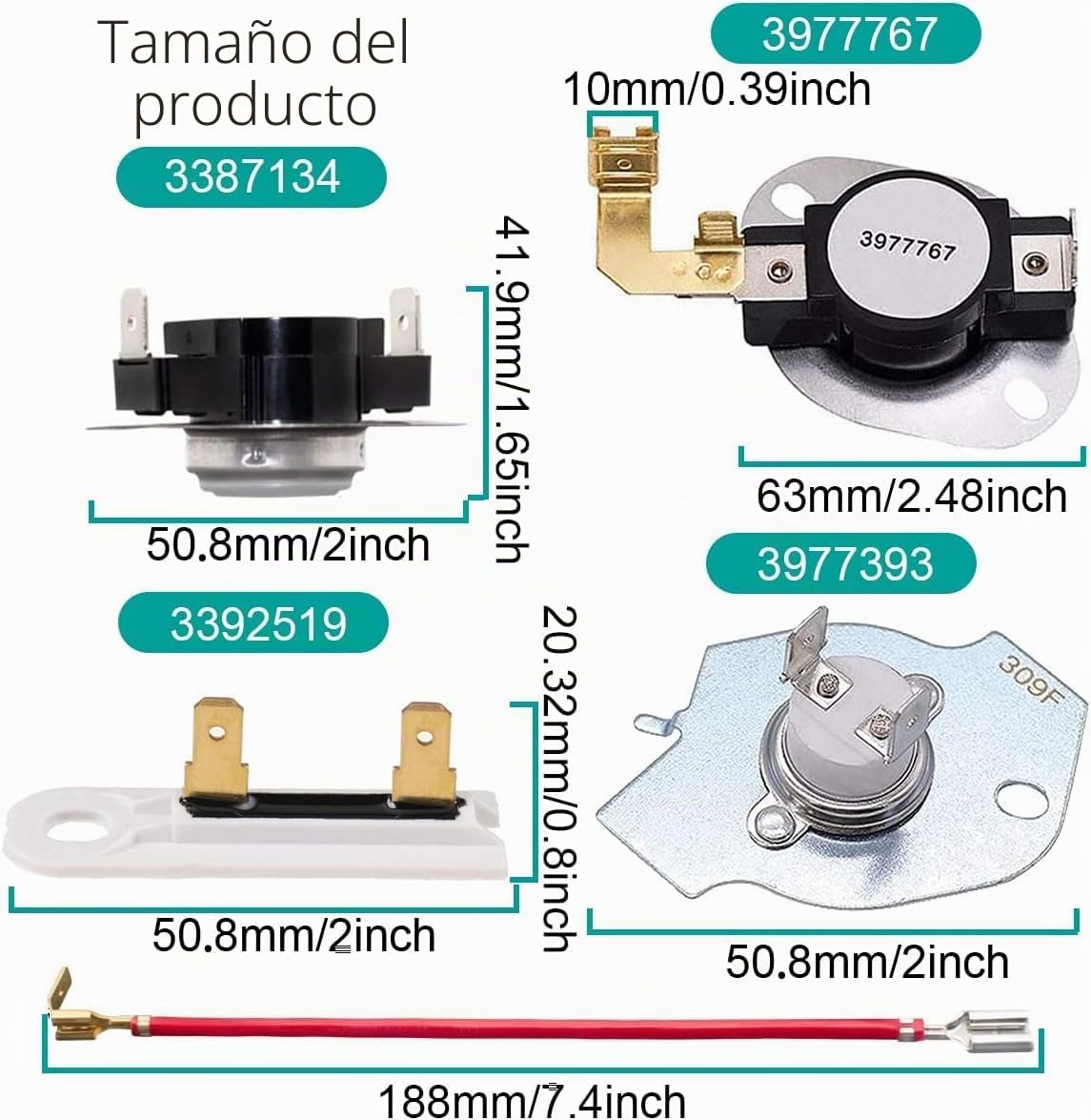 Elemento Calefactor para Secadora, OEM:279838 Elemento Calefactor + Termostato 3977393 Wp3387134 + Fusible 3977767 Wp3392519 Recambio Original, para W.Hirlpool Y K.Enmore (5400W, 240V)