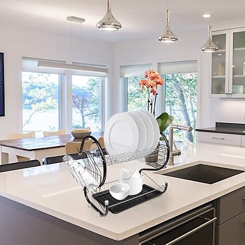 Miniatura 7 de Escurridor de platos, 2 niveles que ahorra espacio, escurridor de platos para encimera de cocina, escurridor de platos con tabla de secar y soporte