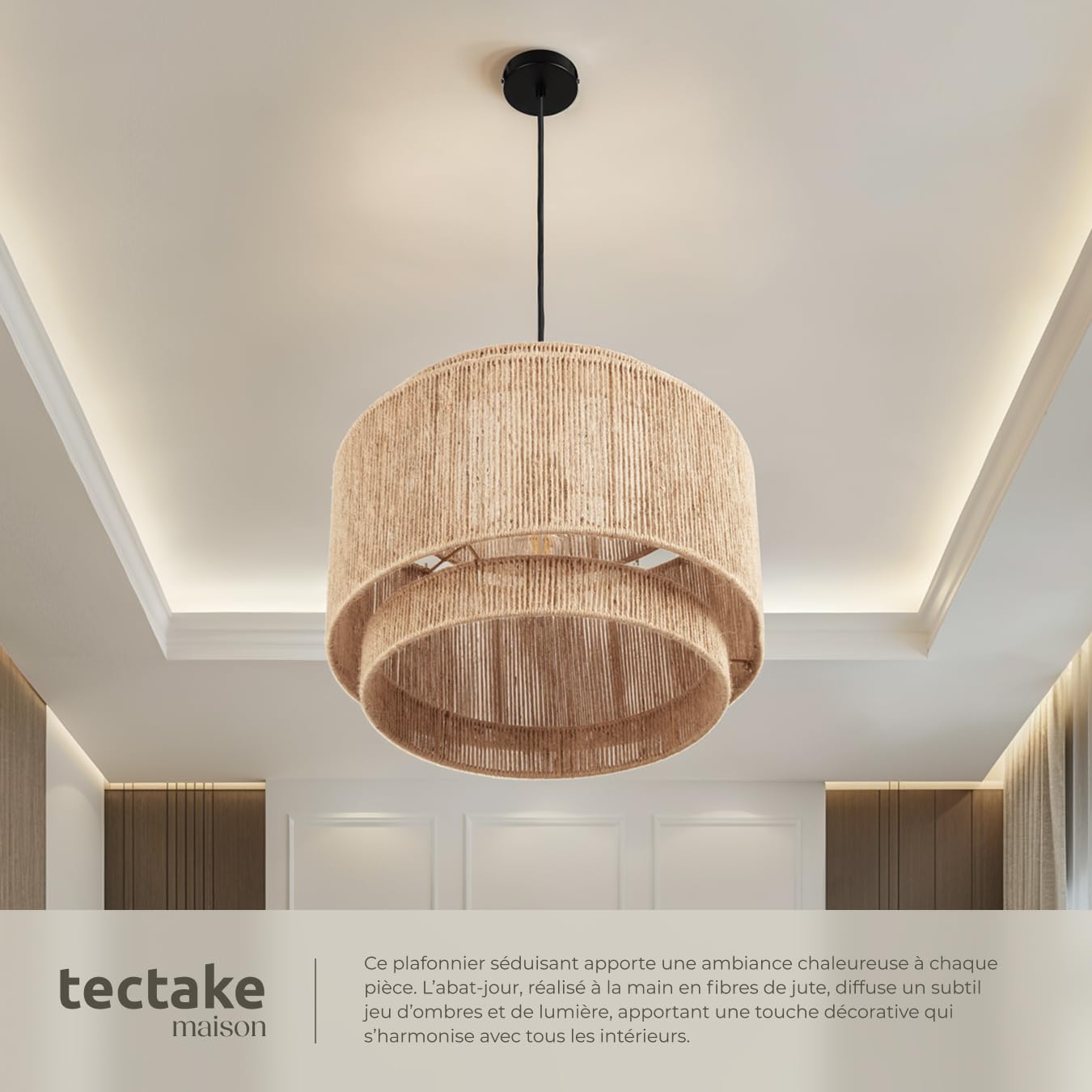 tectake® Suspension luminaire Ø46 x 32 cm, Abat jour en jute, Style Boho, Lustre 40W, Abat jour plafond, Lustre salon bohème, Plafonnier chambre Plafonnier cuisine Luminaire chambre, Suspension salon