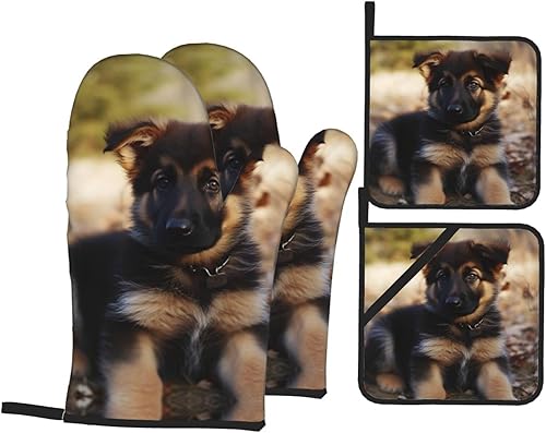 Juego de guantes de horno y soportes para ollas con estampado de pastor alemán, resistentes al calor, antideslizantes, guantes de cocina, 4 piezas
