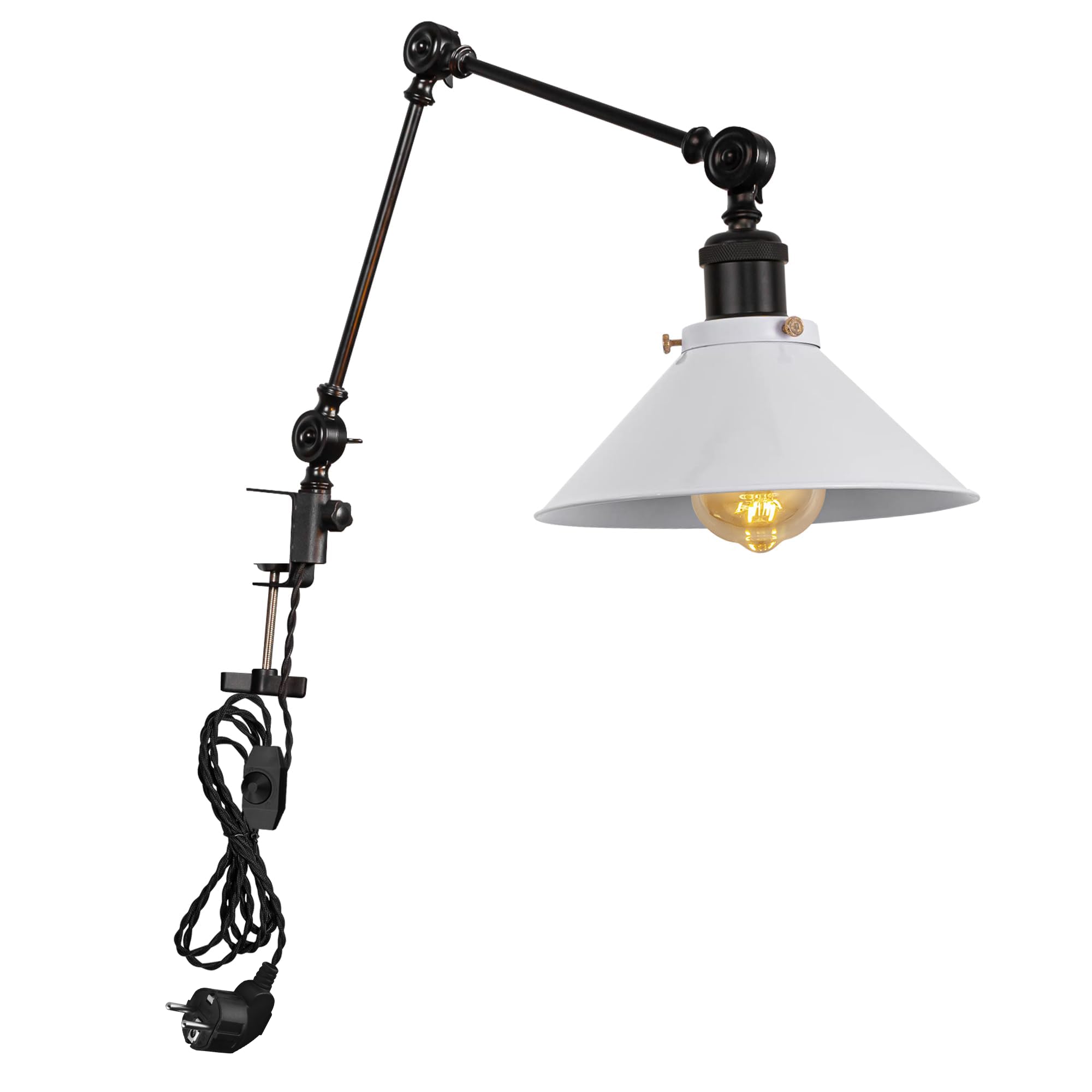 Lampada a morsetto industriale con 2,5 cavi interruttori, clip regolabile su lampada da lettura, lampada da comodino dimmerabile con braccio flessibile per scrivania, comodino, mensola