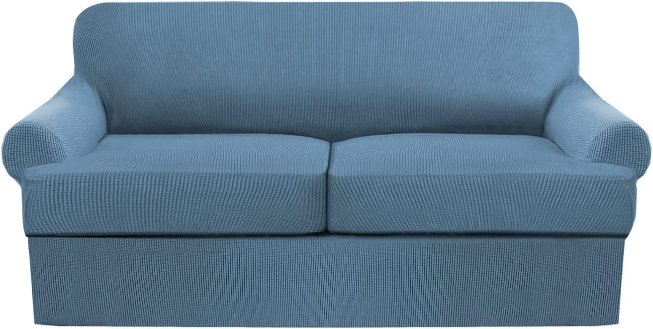 FXBZA 3 Piece Set Sofa Slipcover Stretch Loveseat Couch Slipcover with 2 Individual T Cushion Seat Slipcovers Sofa Covers Jacquard Knitted 2 Seater 120-172CM (Color : Blue)