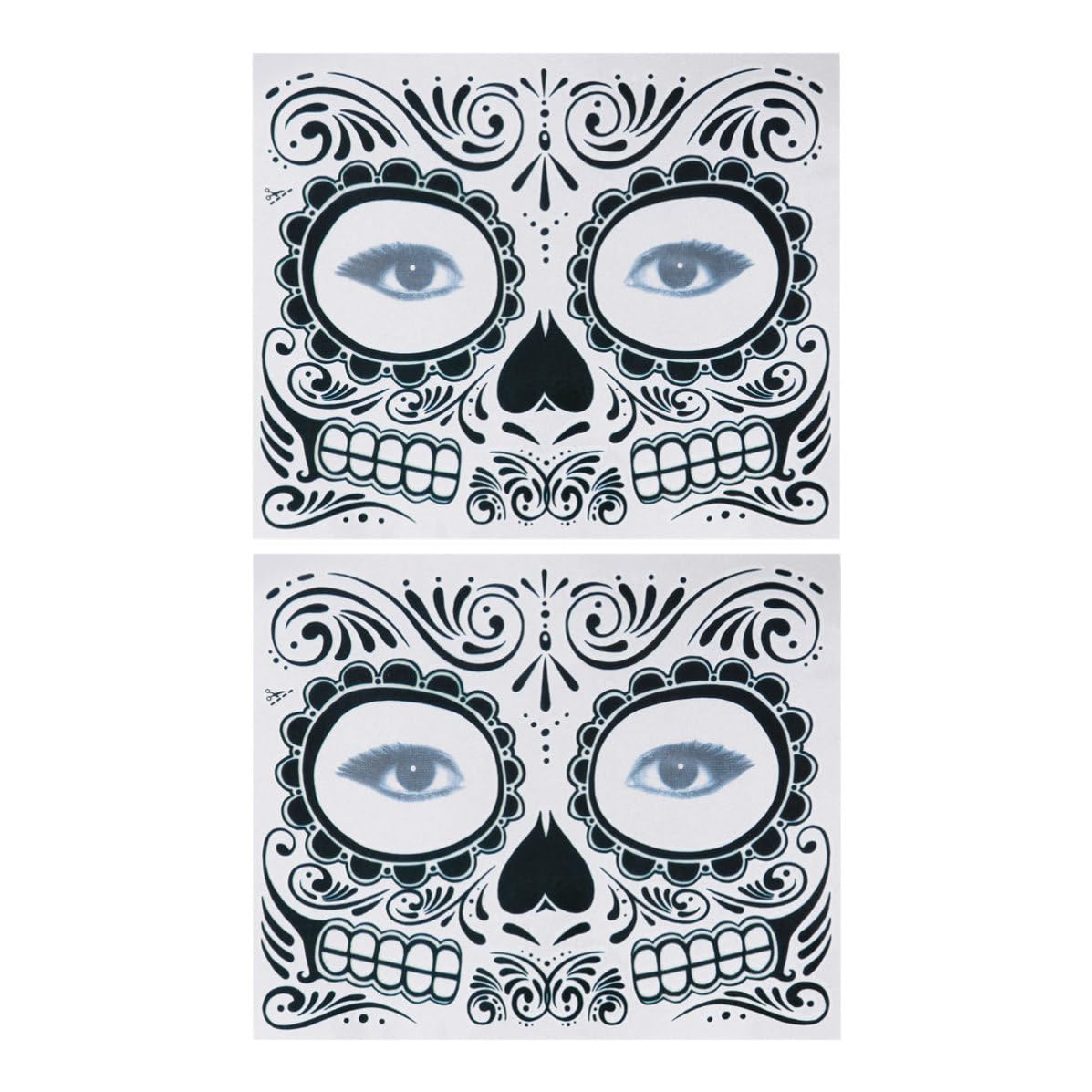 2 Pezzi Tatuaggi Temporanei Teschio T-007 Carta Nero per Halloween