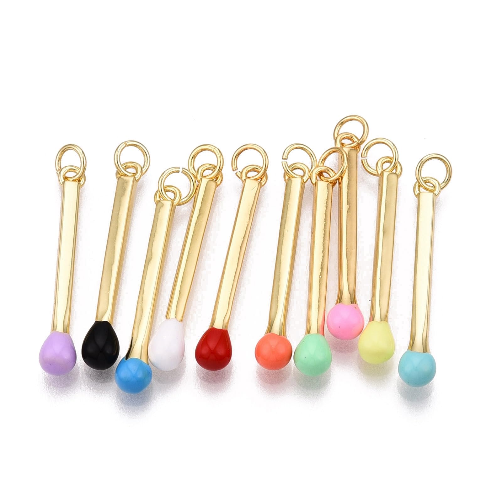 Stiesy Enamel Matchstick Charms Pendant 10Pcs Mixed Color 16K Gold Plated Match Stick Charms with Jump Rings for DIY Craft Necklace Bracelet Earring