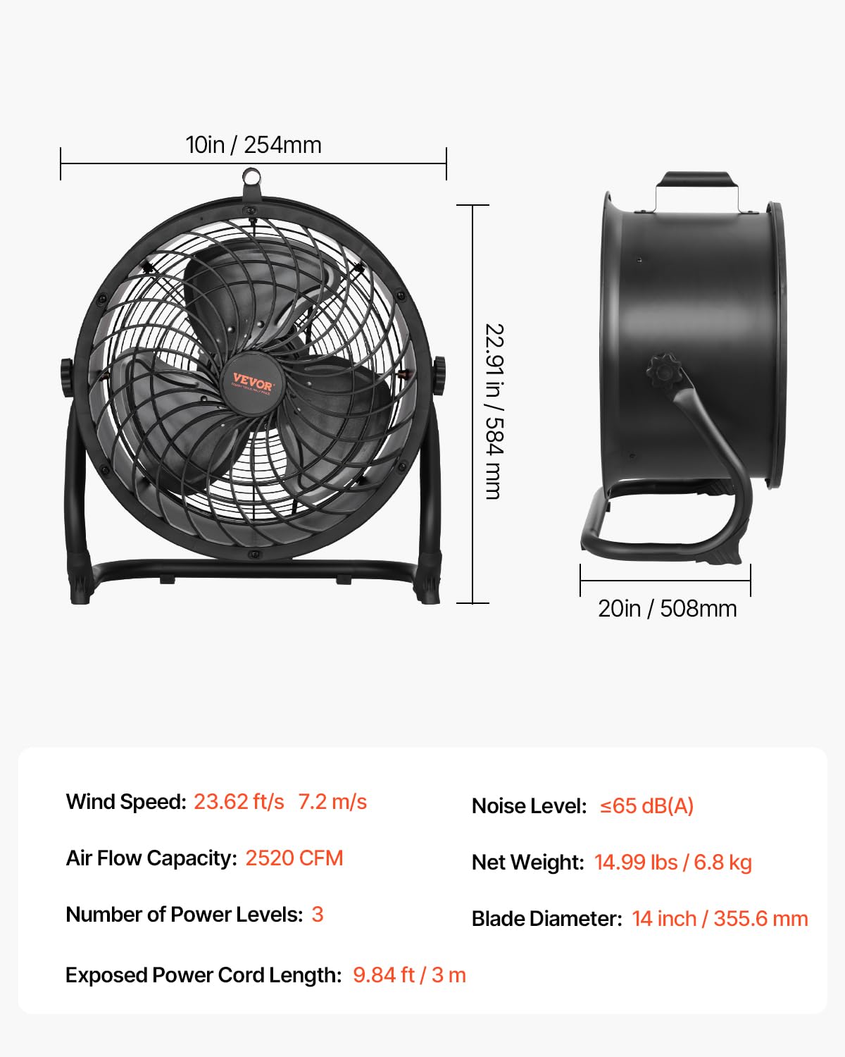 VEVOR Ventilador de Piso de Alta Velocidad de 3 Velocidades, 2520 CFM, Inclinación de 360°, Flujo de Aire de 7,2 m/s, para el Gimnasio, la Tienda Comercial y el Dormitorio, 254 x 508 x 584 mm