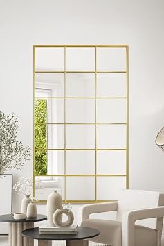 MirrorOutlet The Fenestra - Gold Modern Window Full Length Leaner/Wall Mirror 79" X 47" 200CM X 120CM Silver Mirror Glass with Gold Metal Frame.