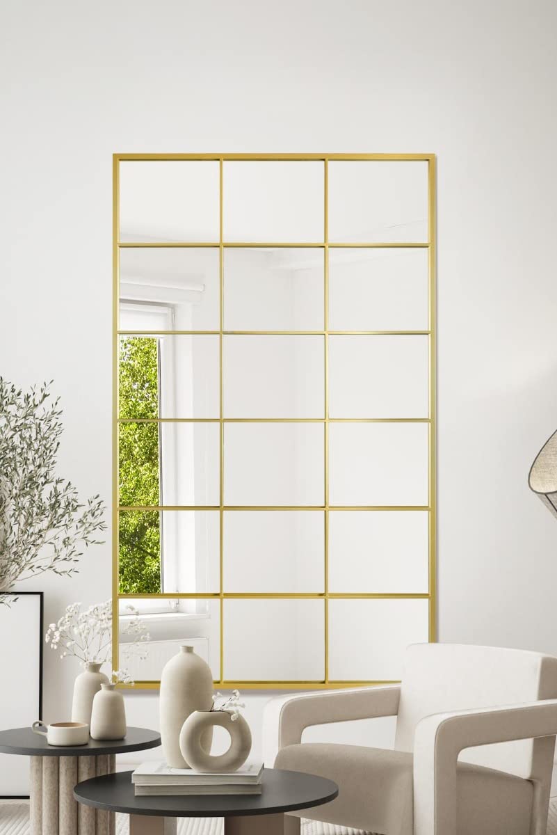 MirrorOutlet The Fenestra - Gold Modern Window Full Length Leaner/Wall Mirror 79" X 47" (200CM X 120CM) Silver Mirror Glass with Gold Metal Frame.