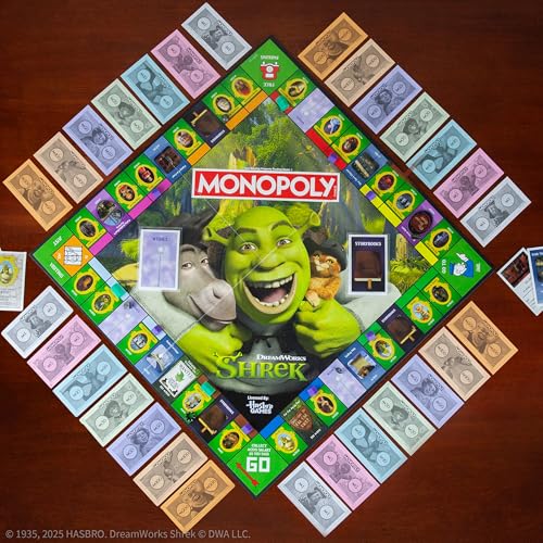 Image of MONOPOLY: Shrek Edition Board Game, Buy, Sell & Trade, Iconic Fairy Tale Characters like Shrek, Donkey, Puss n Boots & More, Classic Family Game for Ages 8+, Officially Licensed DreamWorks Merchandise