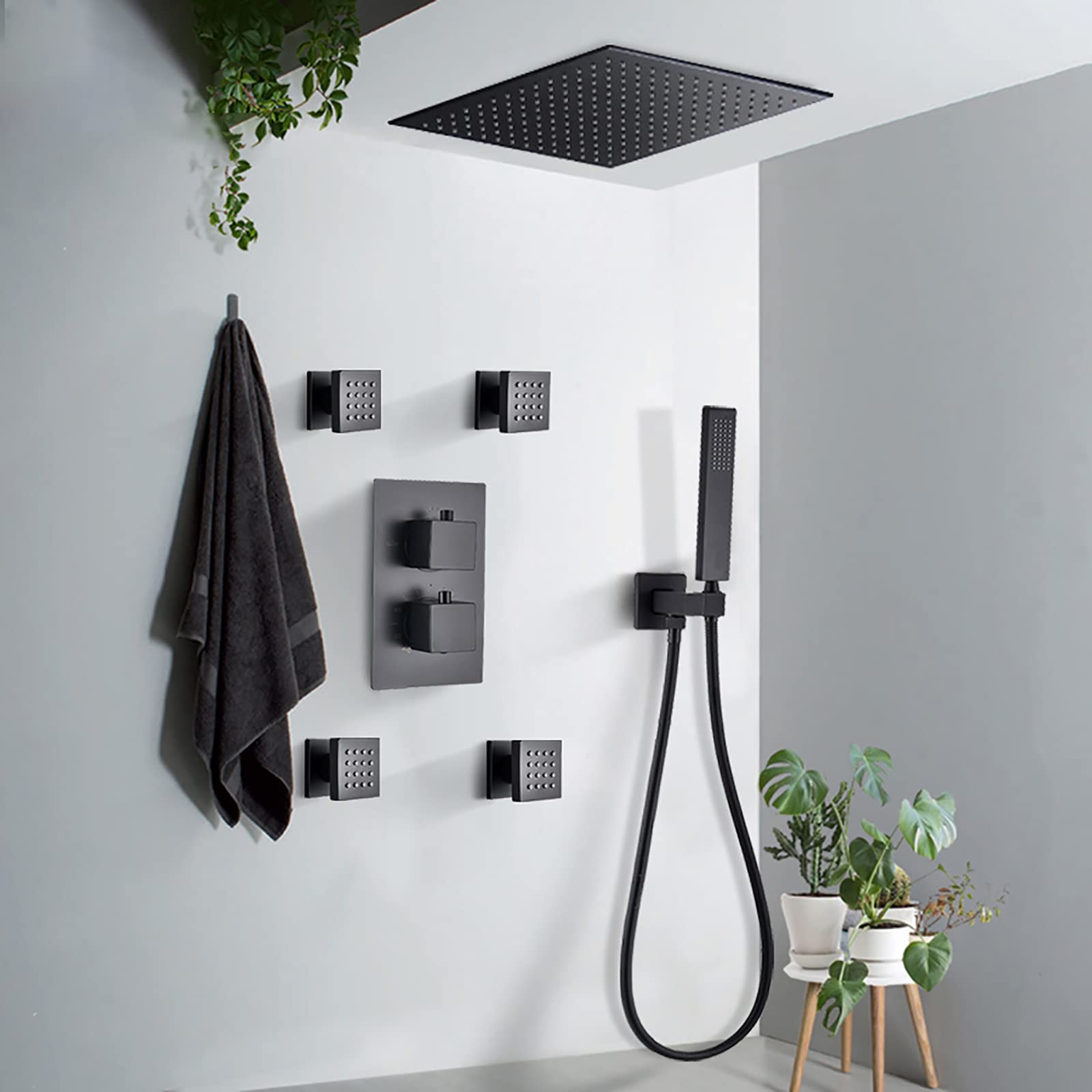 LR Black Rain Shower System Termostatyczny zestaw baterii prysznicowych z 4 dyszami natryskowymi do ciała, montowany na suficie zestaw prysznicowy z mosiężnym mieszaczem deszczowym z głowicą