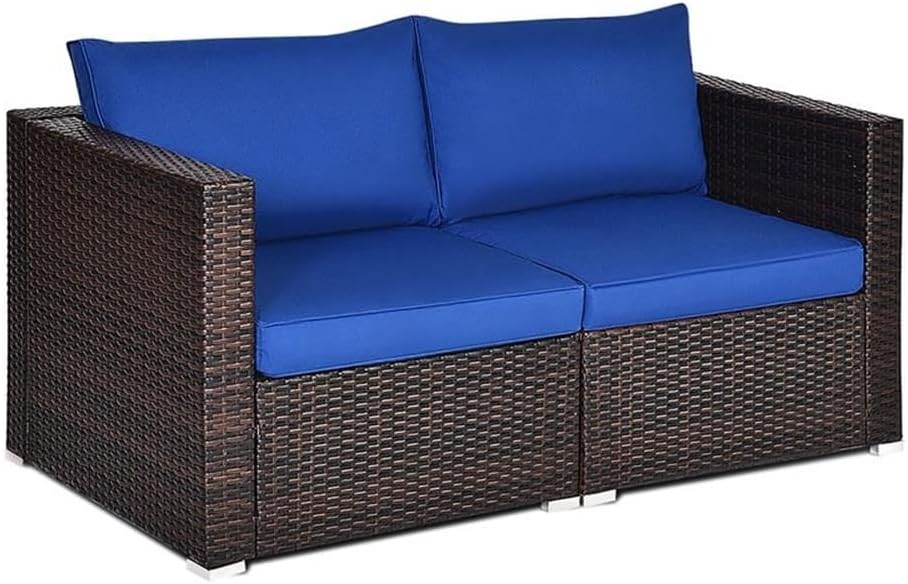 Pemberly Row 2-Piece Rattan Patio Corner Sofa Set, Brown Finish, Navy Cushions, Durable Outdoor Furniture, Compact Design, 29.5"x29.5"x25.5", Perfect for Patio or Outdoor Lounge Spaces