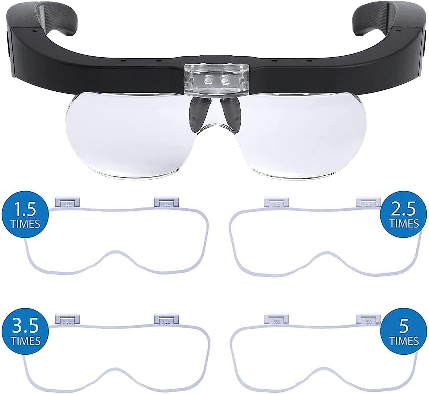 Lupa, Lupa De Lectura con Diadema, Luces Led, Lentes Desmontables 1.5X 2.5X 3.5X 5X, Gafas Manos Libres para Reparación De Relojes, Manualidades Y Pasatiempos.