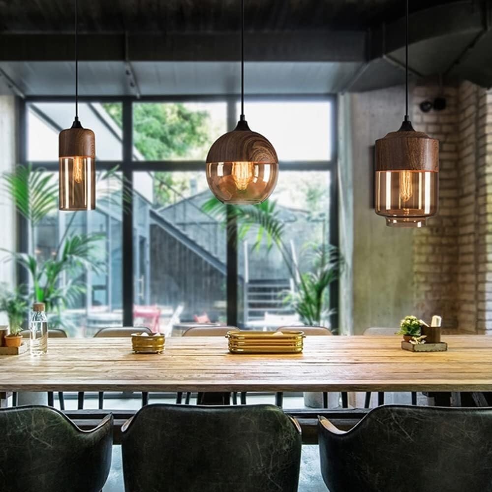 Lámpara colgante moderna, lámpara colgante de vidrio industrial retro, lámpara colgante con acabado de madera y metal, lámpara colgante para isla de cocina, lámpara de techo con pantalla de vidrio ámb