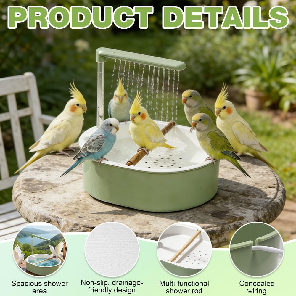 Vogeldusche Wellensittich, Wellensittich dusche, Automatische Wasserzirkulation Vogel Badewanne, Wellensittich Dusche mit Wasserfall, für Wellensittiche und kleine Vögel (Grün)