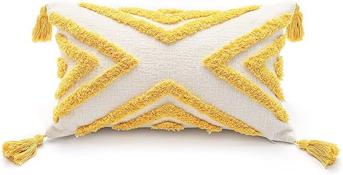 PLWORLD Funda de cojín lumbar de color amarillo bohemio de 12 x 20 pulgadas con borlas, tela de felpilla geométrica copetuda color crema, funda de