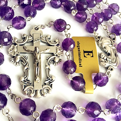Elegantmedical Amethyst Bead Rosary Cross Jesus Crucifix Catholic Handmade 5 Decade Rosary Necklace Box #TOP5