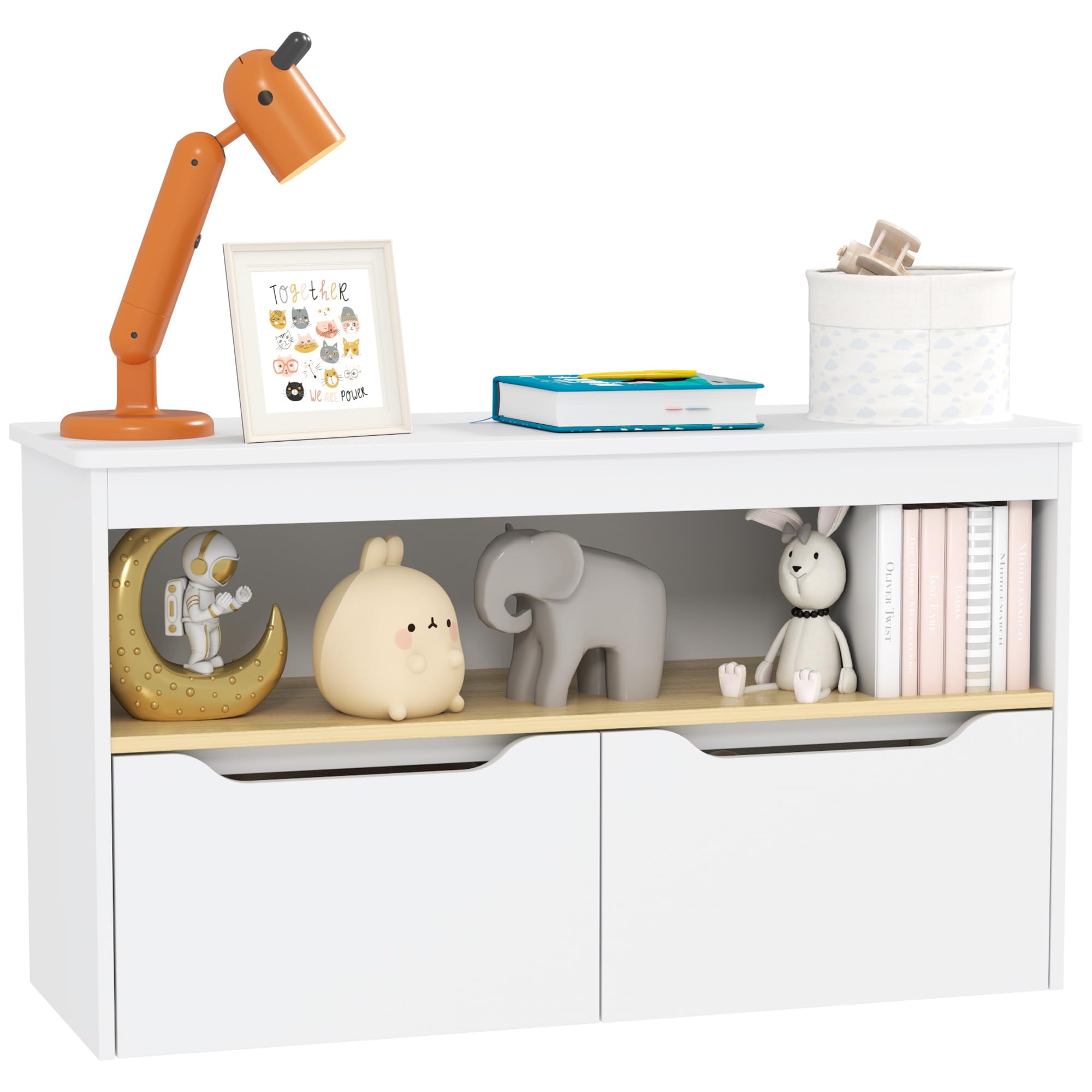 AIYAPLAY Children's Toy Shelf with 2 Drawers and Compartment for Living Room, Bedroom, Playroom, 80 x 30 x 45 cm, White