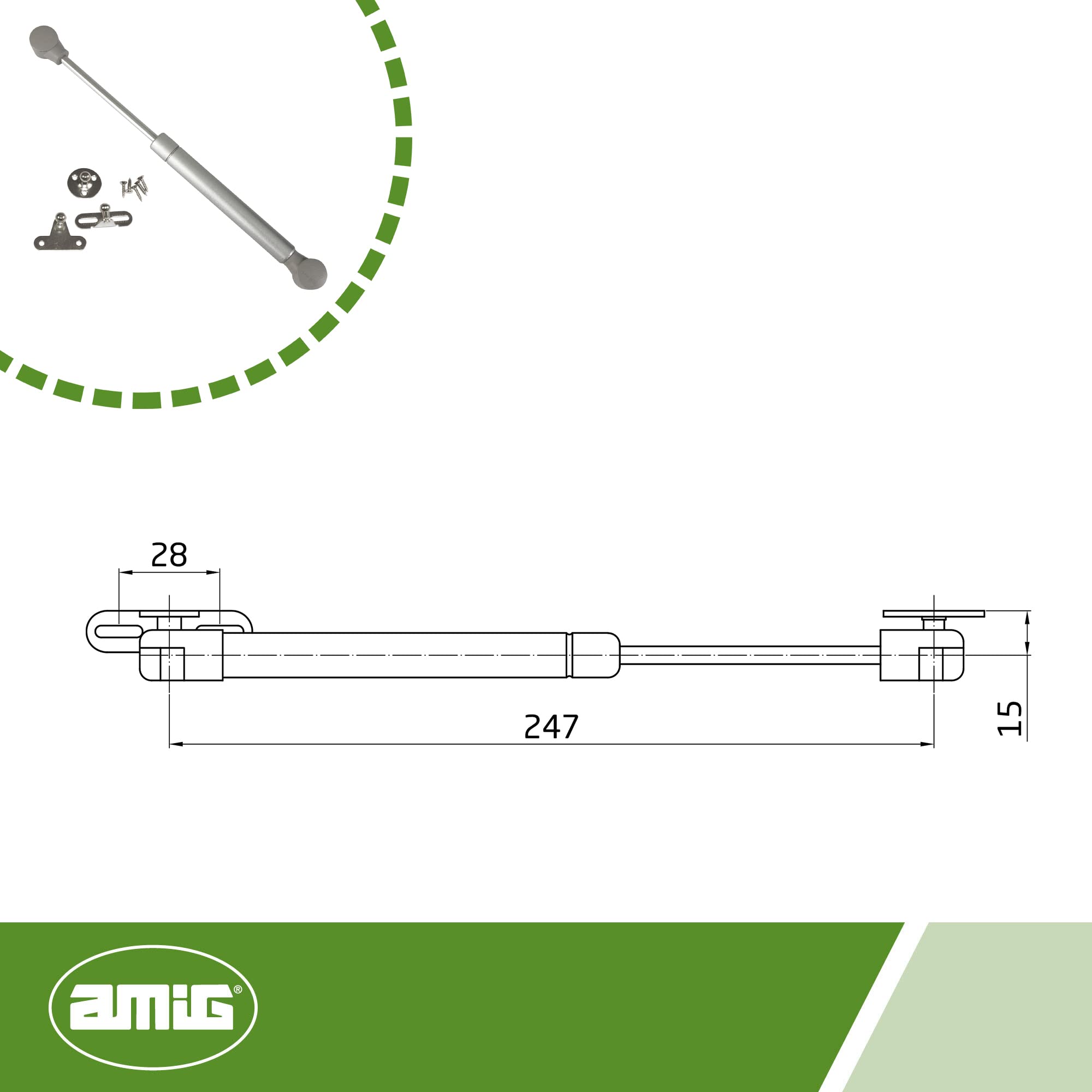 Amig - Bussola a gas per sollevamento porte apribili per mobili - Mod.97-247 x 15 mm - Resistenza di carico: 8 kg - Ammortizzatore per apertura verso l'alto senza impatto - Argento
