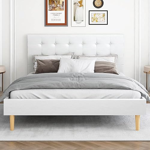 Miniatura 1 de Yegee Base de cama tapizada de piel sintética tamaño Queen con cabecera capitoné con botón de cristal y listones de madera maciza y pies de cama de