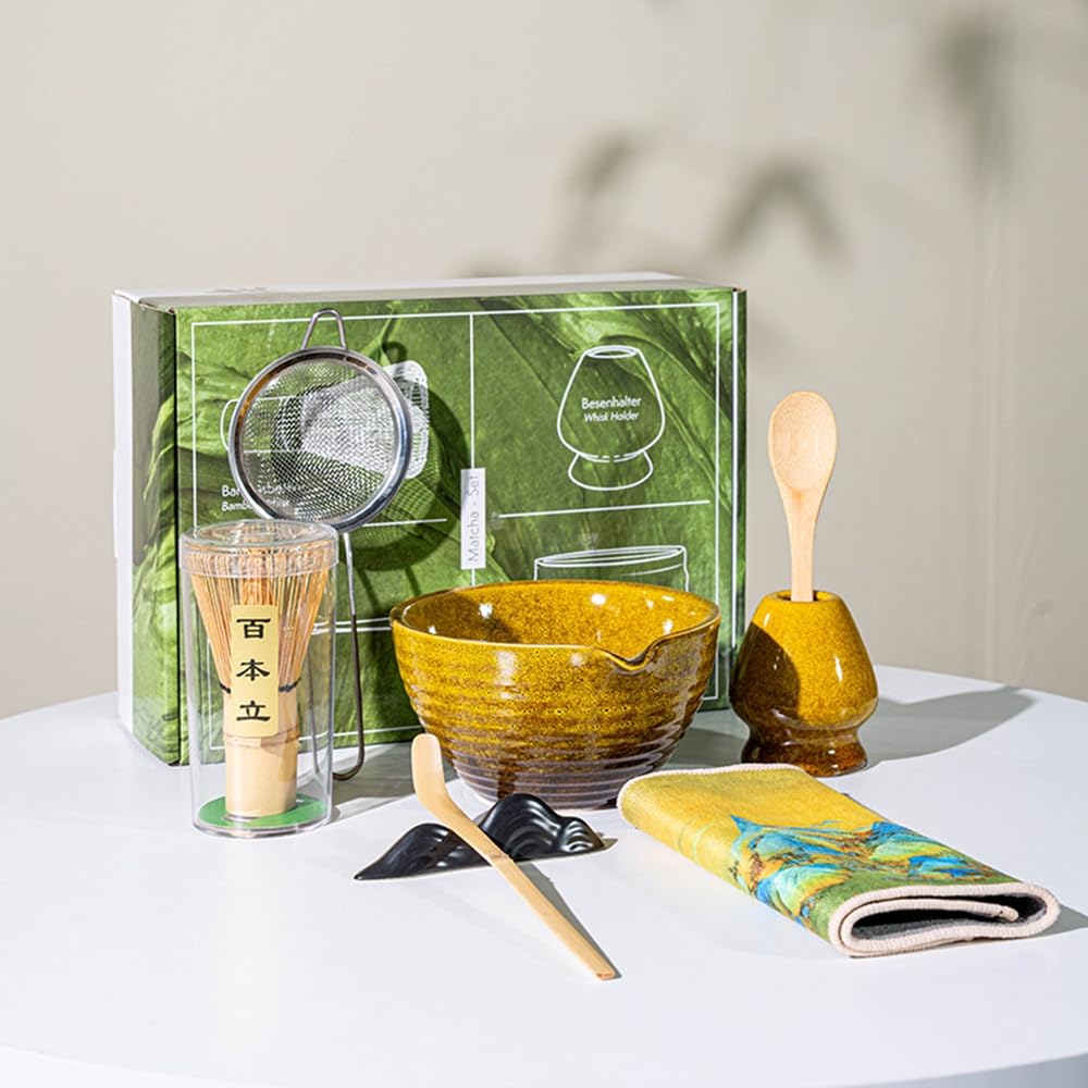 Juego de 8 batidores de matcha con caja de regalo, juego tradicional de ceremonia de té japonés, juego de cuencos de cerámica para cambiar el horno, juego de cuencos de matcha a rayas horizontales
