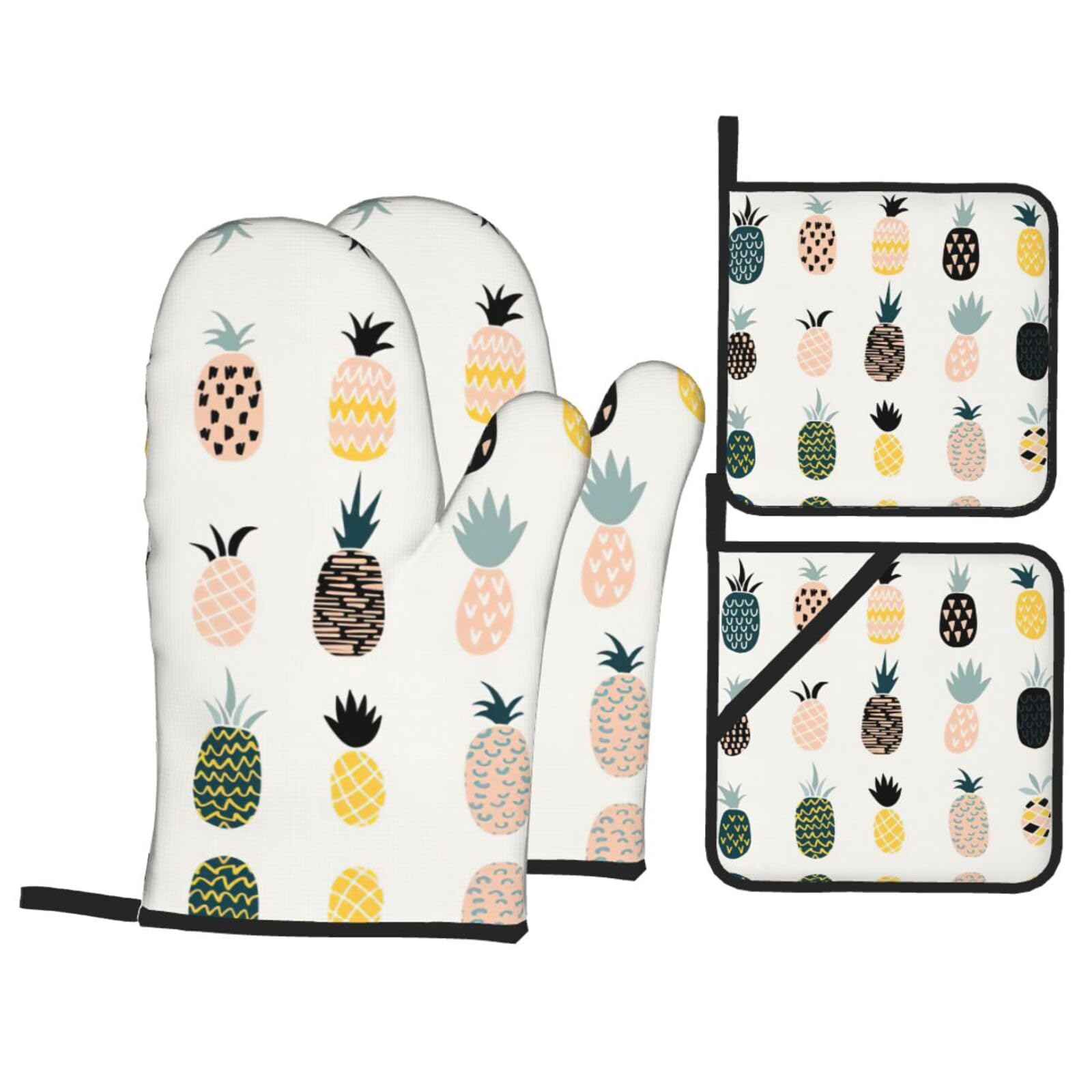 Pineapple Print Stylish 4-Piece Microwaving Oven Waterproof Kitchen Gloves Baking Holiday Cooking
