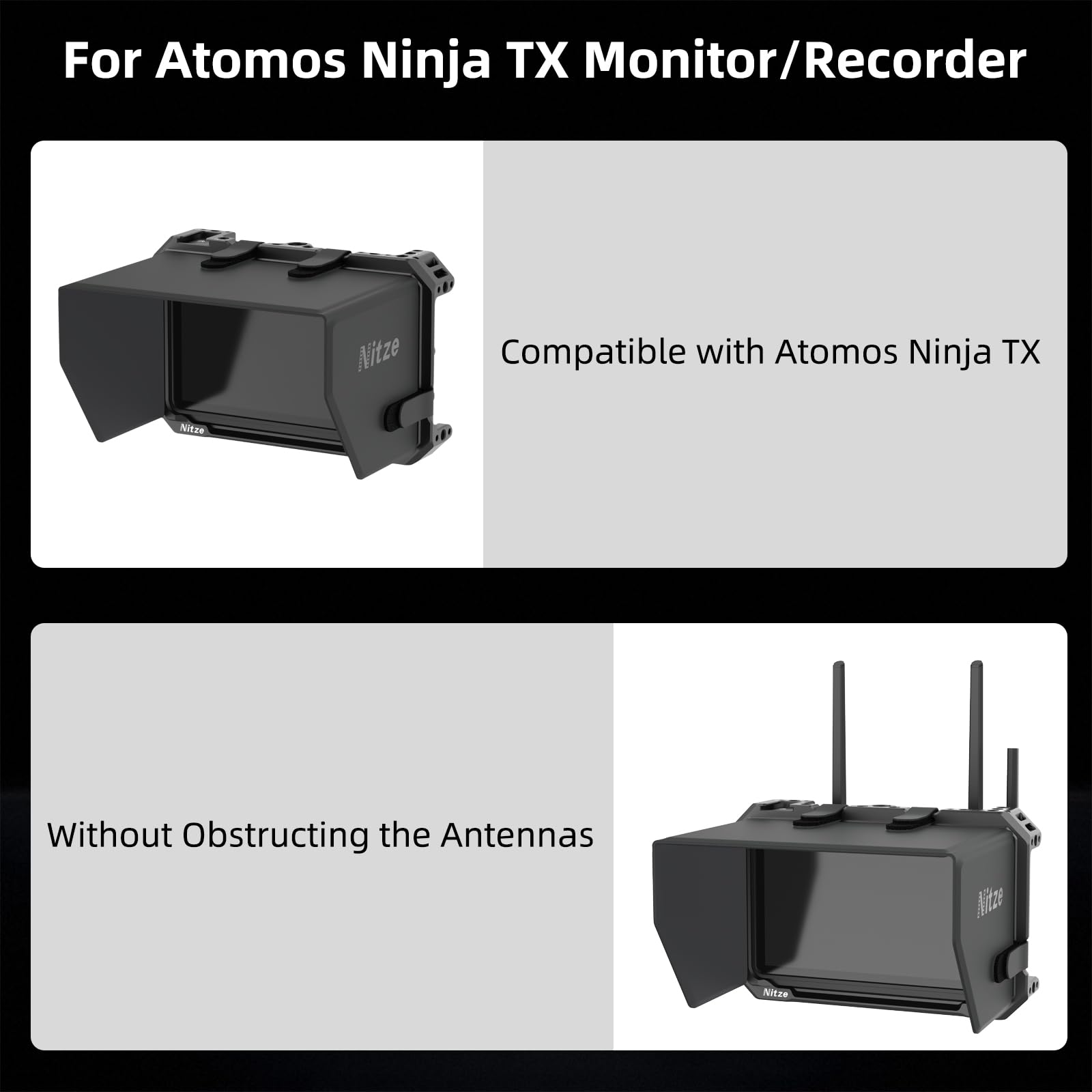 Nitze Kit de Jaula para Monitor/Grabador Atomos Ninja TX, Monitor Cage con Parasol de Cuero PU, Zapata Fría Integrada y Riel NATO - JT-A08B
