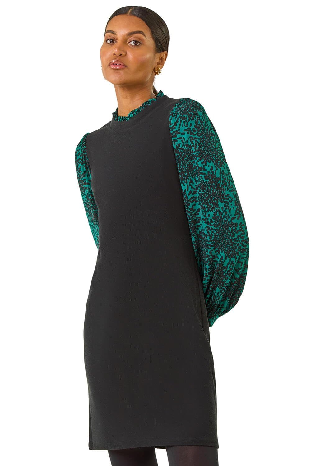 Roman Originals Women's Green Roman Geometric Contrast Knit Dress For Uk - Autumn Everyday Winter Holiday Knee Length Comfy Long Sleeve Soft Round Neckline Frock Work Dinner Gowns - Teal - Size 14