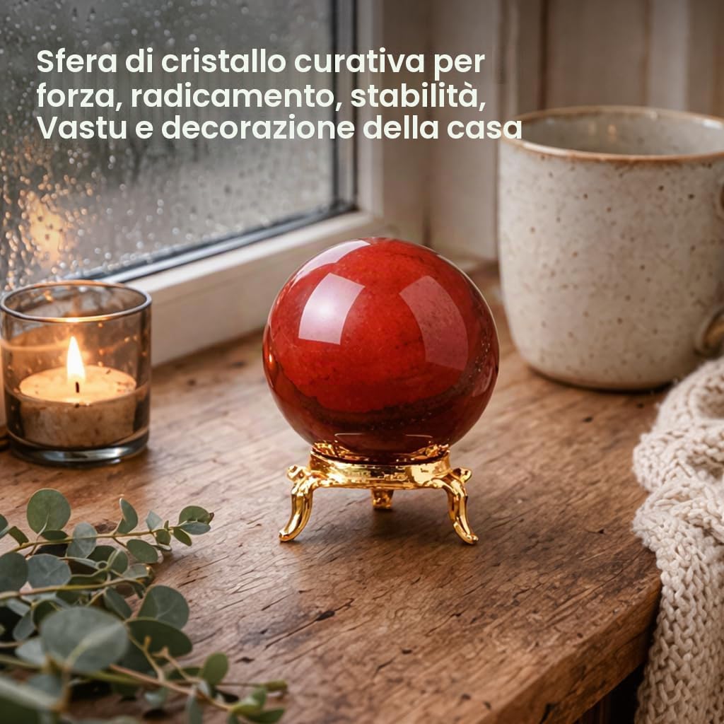 Crocon Sfera di cristallo di diaspro rosso con sfera di pietre preziose con supporto Sfera curativa Scultura Figurina per Fengshui Divinazione Decorazione per la casa Fotografia Dimensioni: 50-60mm