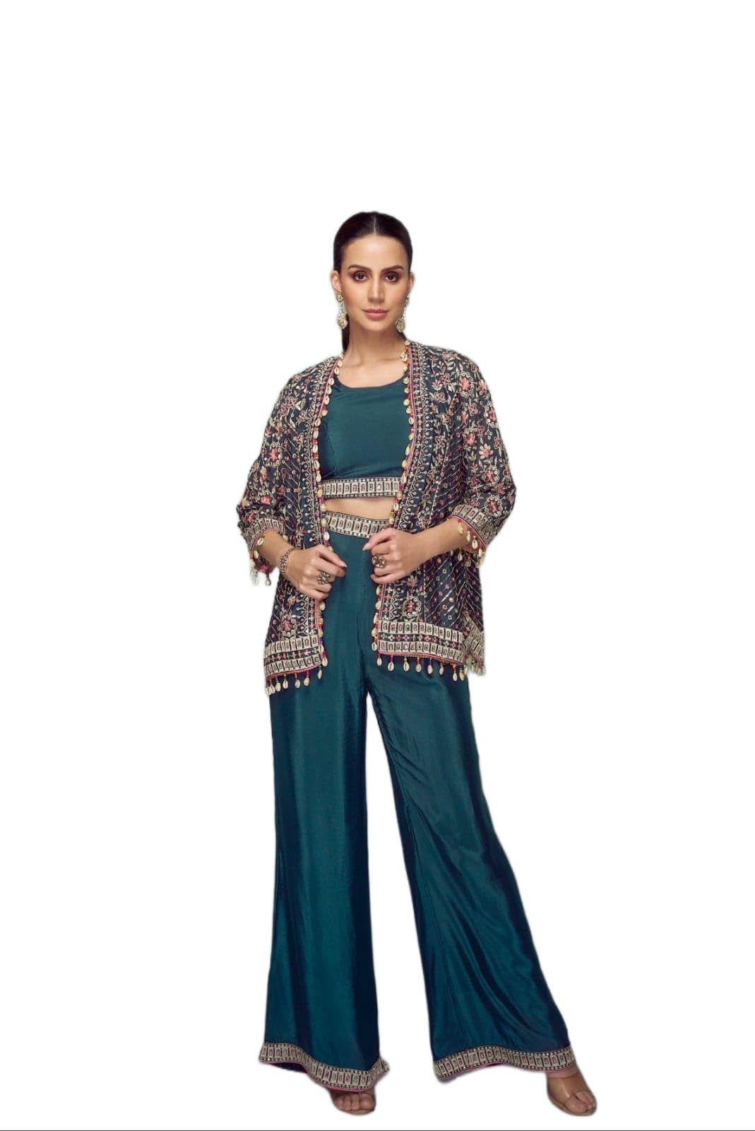 Miss Ethnik Women's Rama Chinon Stitched Top with Bottom 3/4 Sleeve Embroidered Straight Kurta (Kurta Palazzo Set) (MER-1234)