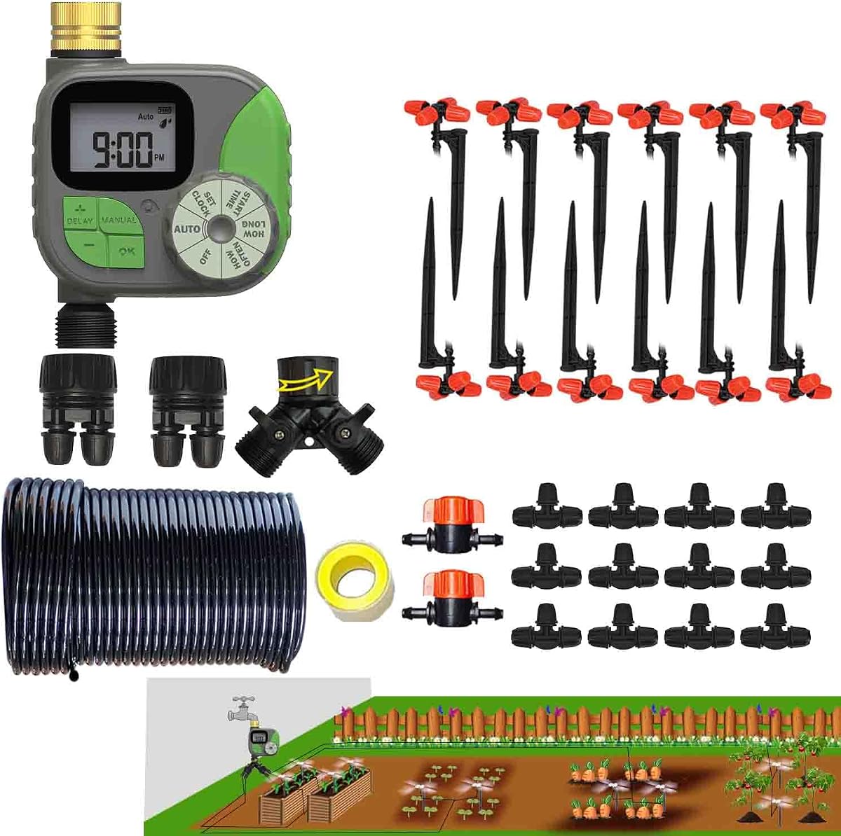 Kit de riego por goteo Sistema de riego automático con temporizador de agua 64FT 1/4 Tubería y 12 boquillas de riego por aspersión de lluvia en 4 direcciones para plantas en macetas Jardín de jardín Plantas juveniles Niebla de invernadero