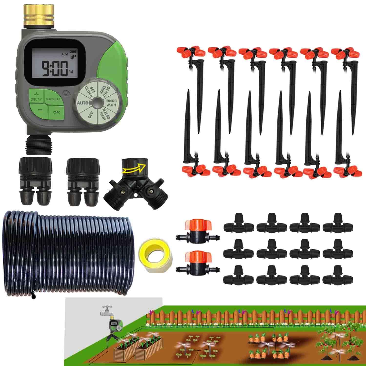 Kit de riego por goteo sistema de riego automático con temporizador de agua de 64 pies, tubo de 1/4 y 12 boquillas de riego de lluvia en 4 direcciones para plantas en maceta, patio, césped, plantas
