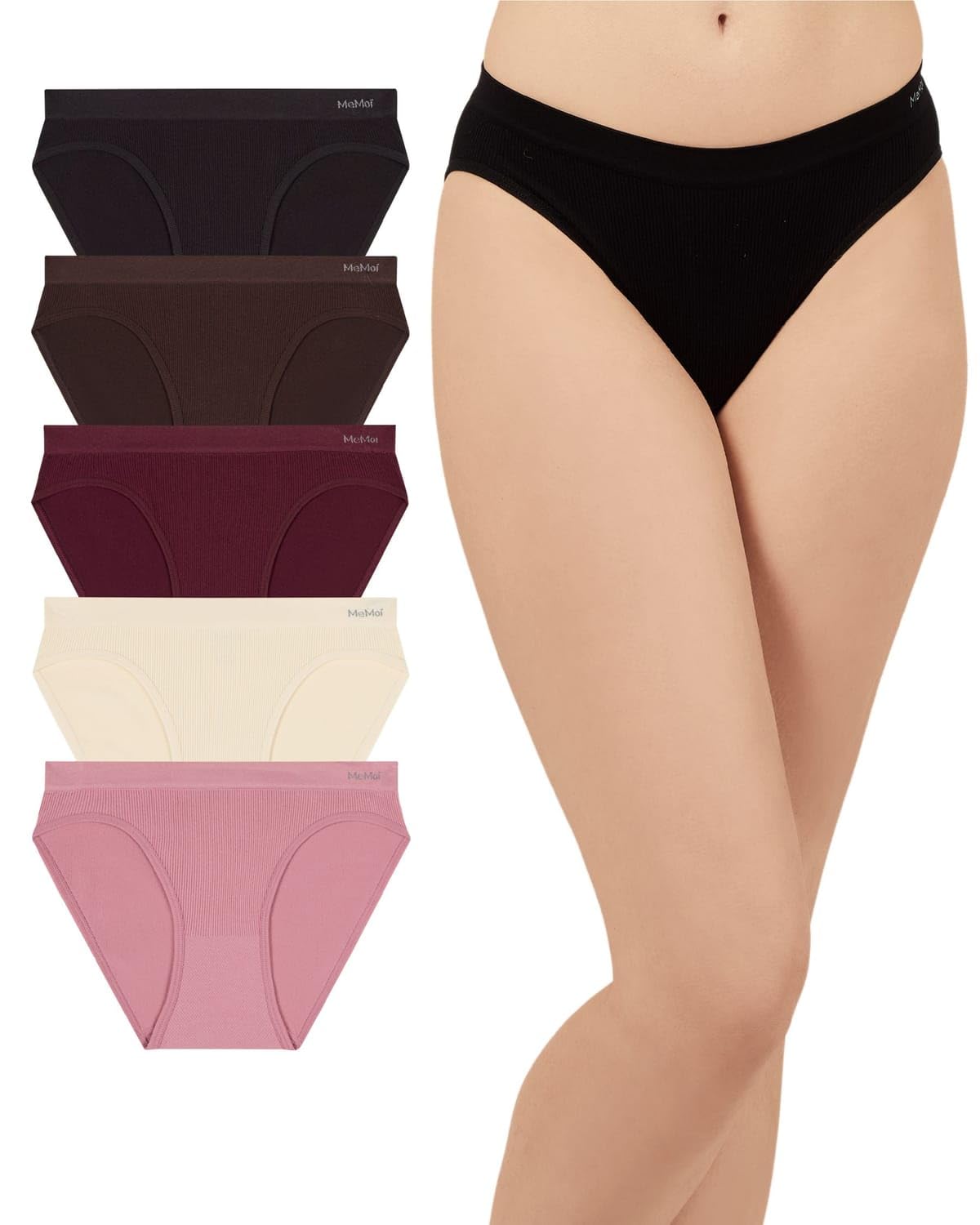 MeMoi Women's Pin Rib Seamless Bikini Panties 5 Pack, No Show Underwear