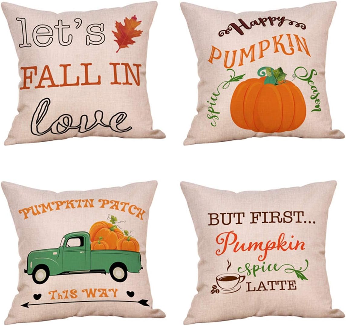 4 Pack Let's Fall in Love Quotes Throw Pillow Case Truck with Pumpkins Halloween Thanksgiving Cushion Cover 18 x 18 Inch Cotton Linen Autumn Farmhouse Decor (Fall in Love)