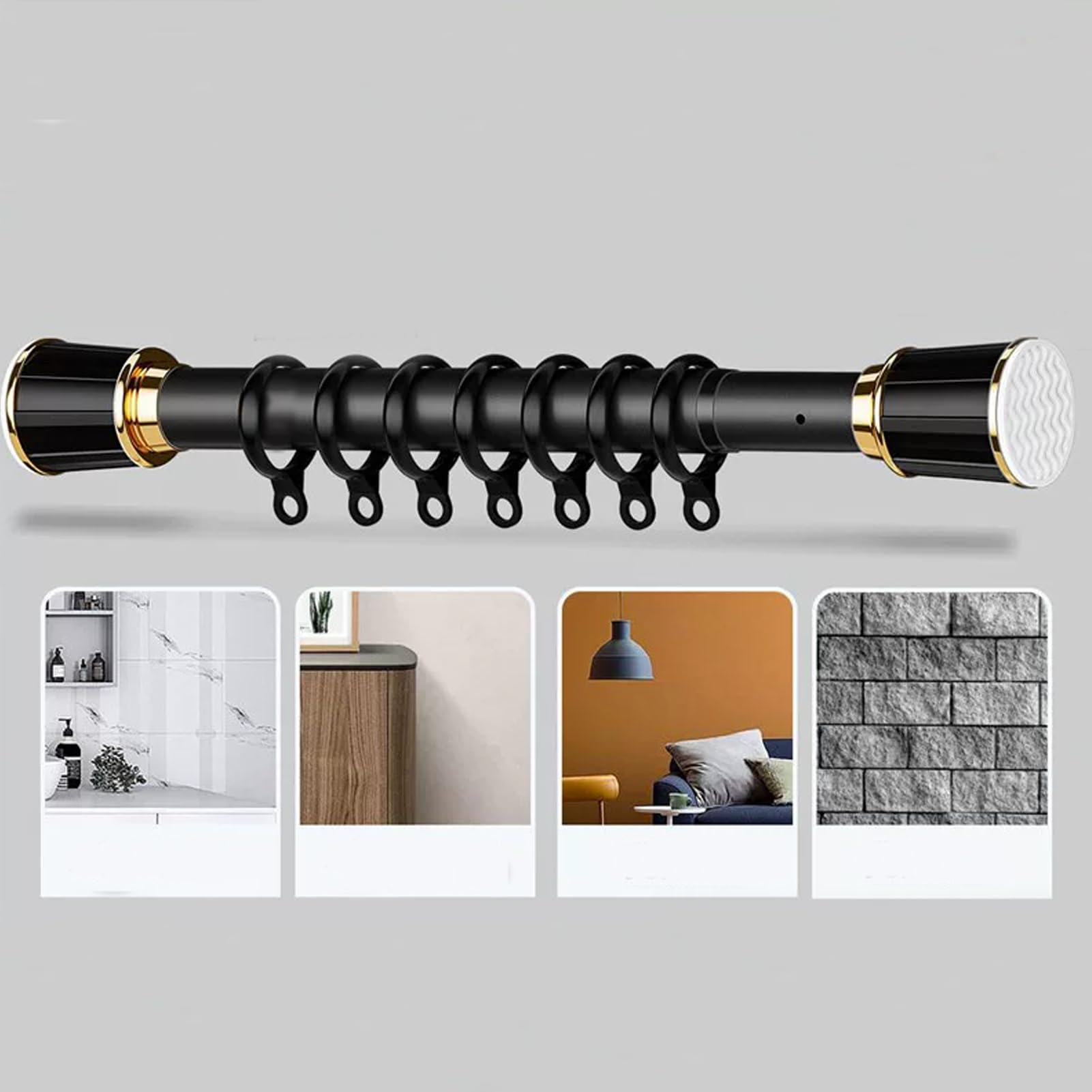 Barra de cortina de ducha ajustable sin taladrar, 260-350 cm, versátil barra de tensión negra para baño, cocina y ventanas, fácil instalación, ahorra espacio, elegante solución para el hogar
