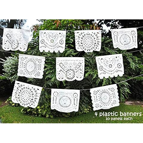 White Papel Picado - 4 Stück - große mexikanische weiße Banner aus Kunststoff Cover