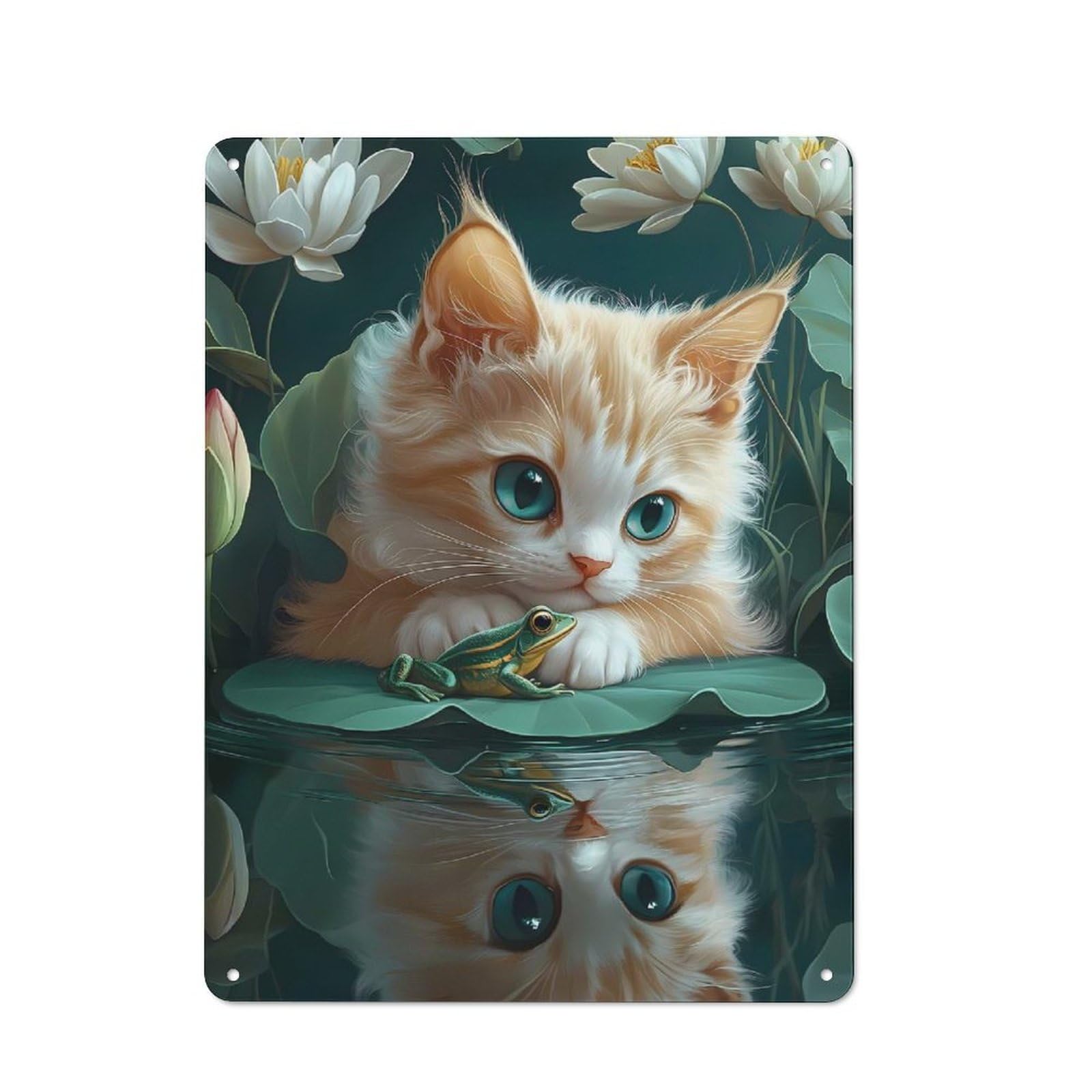 Junmoney Kitten And Frog On Lily Pad Cornish Rex Cat Tin Wall Plaque 40X30cm With For Guest Room Or Hallway, For Hallway Wall Decor Fans