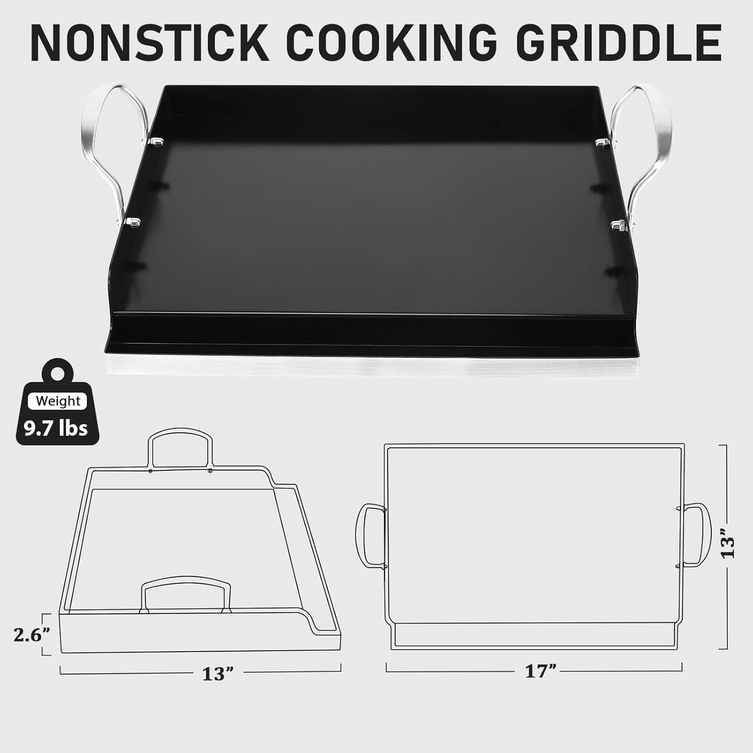 utheer 17" x 13" ceramic nonstick stainless steel griddle for gas grill, charcoal, stove top griddle, non-toxic, pfas/pfoa/ptfe free, oven up to 500°f, for bbq, camping & kitchen, black 17" x 13" x 2.6"